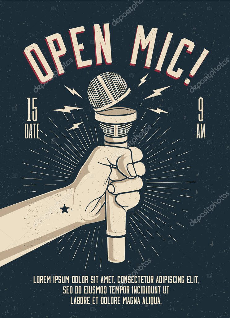 Open Microphone event party session poster flyer template. Vintage styled vector eps 10 illustration.