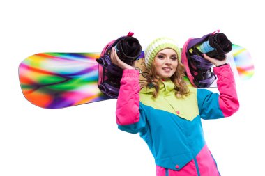 sarışın kadın snowboard sholders üzerinde basılı tutun