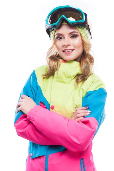 Блондинка в костюме сноубордиста — стоковое фото