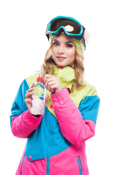 Blondýnka s vodou bollte snowboard oblek — Stock fotografie