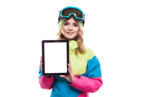 Snowboard chica con la tableta vacía — Foto de Stock