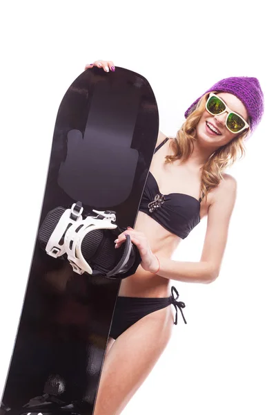 Mulher bonita em biquíni com snowboard — Fotografia de Stock