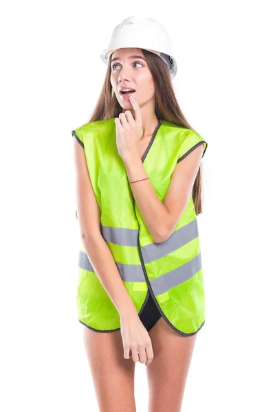 Hot brunette girl in bikini and building helmet — Stock Photo, Image