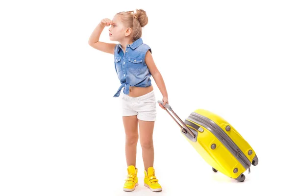 Little blonde girl with yellow suicase — Stock Photo, Image