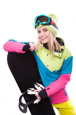 güzel genç kadın snowboard ile