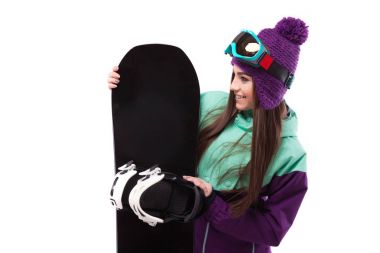 snowboard ile Kayak elbiseli güzel kadın