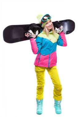 güzel genç kadın snowboard ile