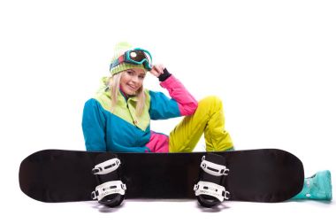 güzel genç kadın snowboard ile