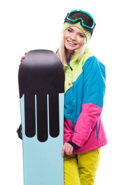 güzel genç kadın snowboard ile