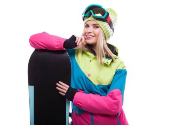 güzel genç kadın snowboard ile