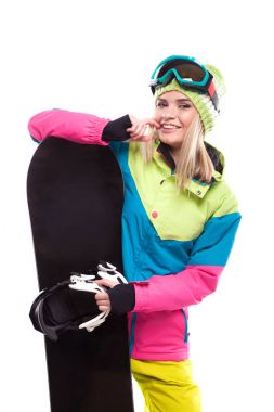 güzel genç kadın snowboard ile