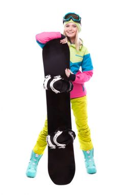 güzel genç kadın snowboard ile