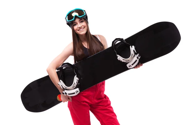 苗条的年轻女子持有滑雪板 — 图库照片