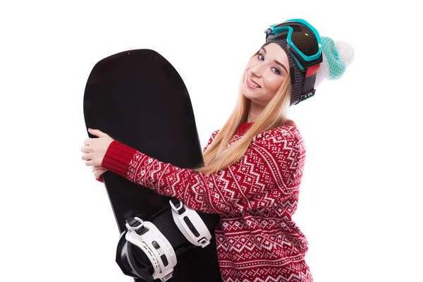 Γυναίκα στο κόκκινο πουλόβερ με snowboard — Φωτογραφία Αρχείου