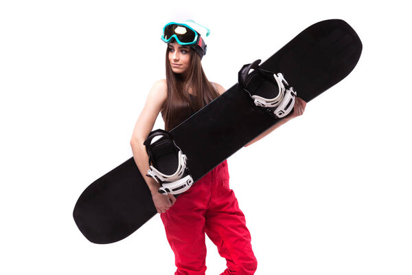 slim young woman holds snowboard