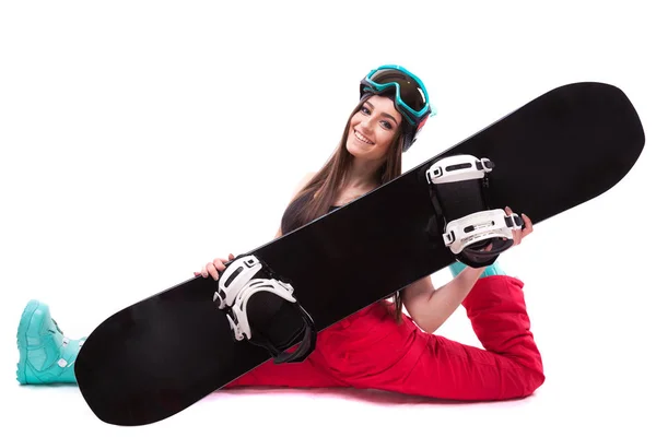 Mince jeune femme tient snowboard — Photo