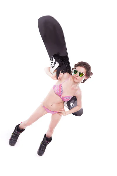 Mulher muito sexy em biquíni com snowboard — Fotografia de Stock