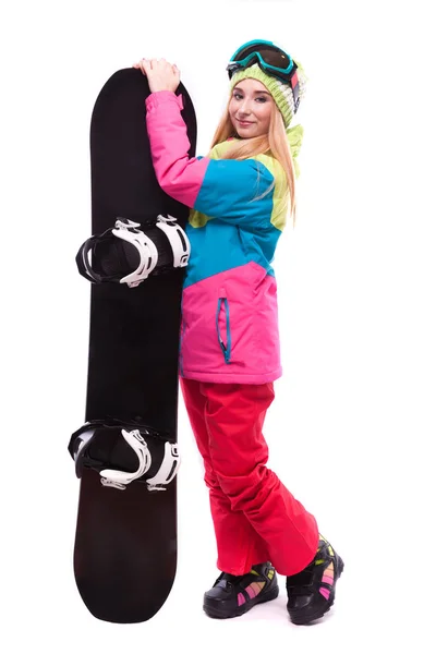 Mujer en traje de esquí con snowboard — Foto de Stock