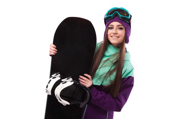 Όμορφη γυναίκα στο κοστούμι σκι με snowboard — Φωτογραφία Αρχείου