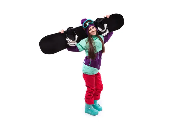 Jolie femme en costume de ski avec snowboard — Photo