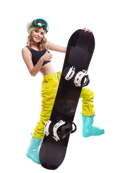 Menina bonito esporte com snowboard — Fotografia de Stock