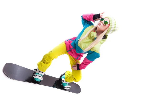 Mulher em terno de esqui com snowboard — Fotografia de Stock