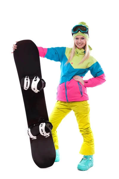 Piękna młoda kobieta z snowboard — Zdjęcie stockowe