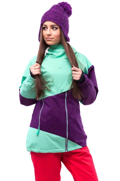年轻女子在紫色滑雪装 — 图库照片