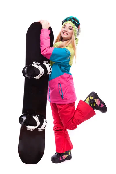 Kvinna i skid outfit med snowboard — Stockfoto