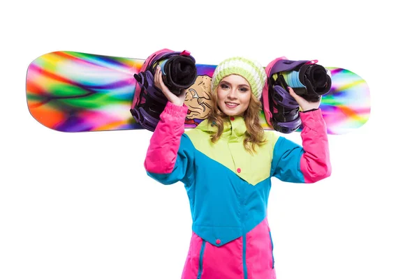 Hübsches Mädchen im Skianzug mit Snowboard — Stockfoto