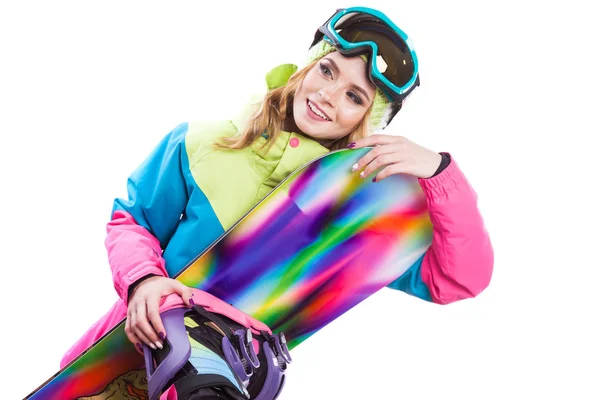 Söt tjej i ski suit med snowboard — Stockfoto
