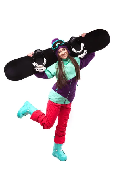 Mulher bonita em terno de esqui com snowboard — Fotografia de Stock