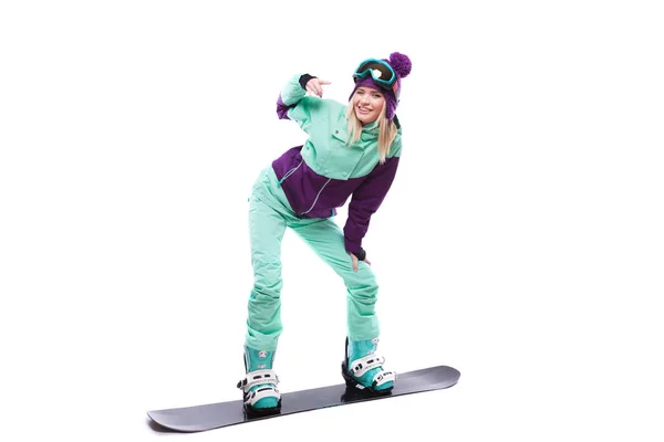 Kvinna i ski suit Rider snowboard — Stockfoto