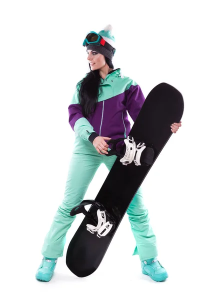 紫色的滑雪服装与滑雪板的女人 — 图库照片