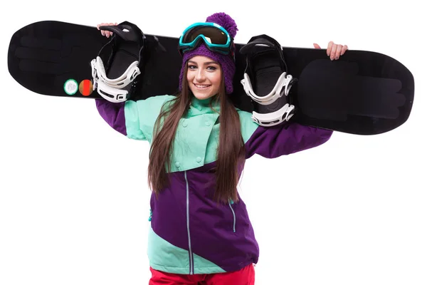 Mooie vrouw in ski pak met snowboard — Stockfoto