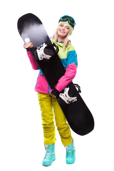 Hermosa joven con snowboard —  Fotos de Stock