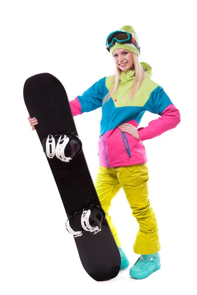 Güzel genç kadın snowboard ile — Stok fotoğraf