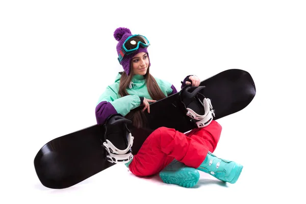 Jolie femme en costume de ski avec snowboard — Photo