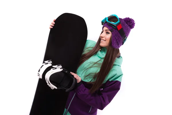 Bella donna in tuta da sci con snowboard — Foto Stock