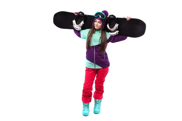 Bella donna in tuta da sci con snowboard — Foto Stock