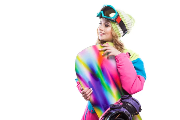 Pretty girl in ski suit with snowboard — Stock Photo, Image