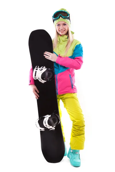 Beautiful young woman with snowboard — Stock Photo, Image