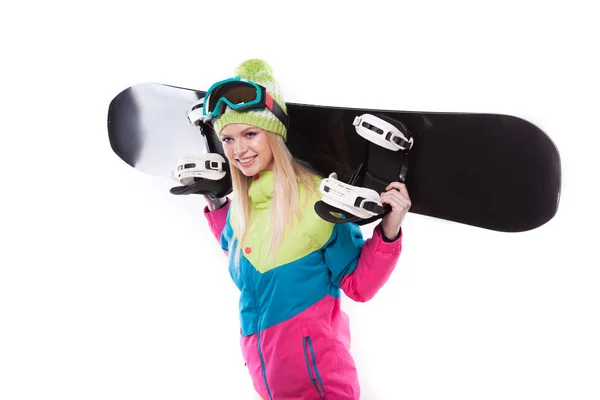 Vacker ung kvinna med snowboard — Stockfoto