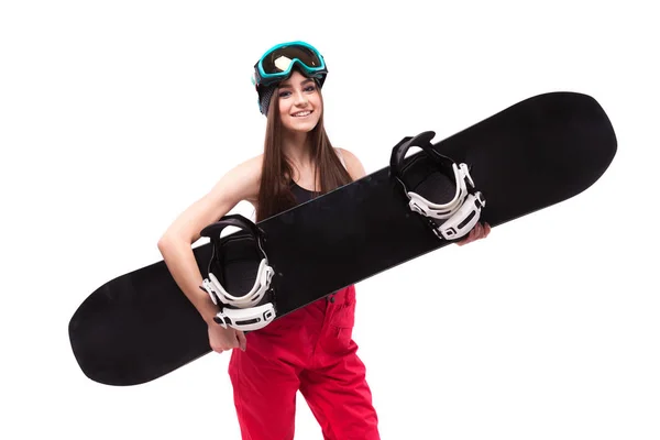 Mince jeune femme tient snowboard — Photo