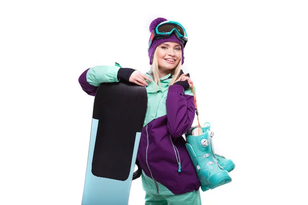 Belle jeune femme avec snowboard — Photo