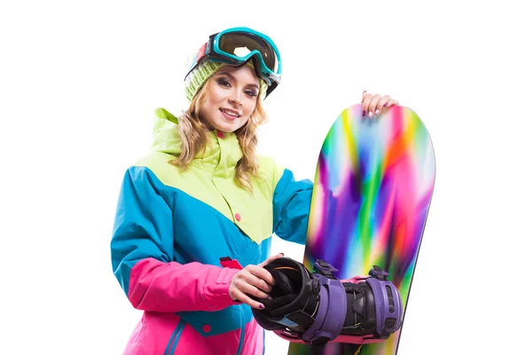 Söt tjej i ski suit med snowboard — Stockfoto