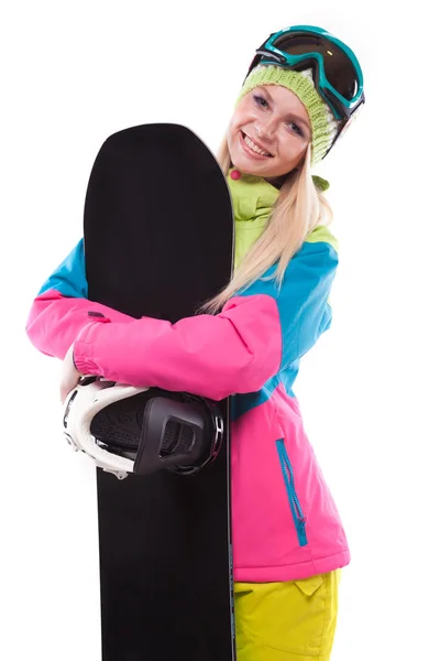 Bela jovem com snowboard — Fotografia de Stock