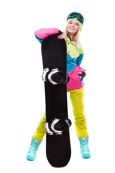 Bela jovem com snowboard — Fotografia de Stock