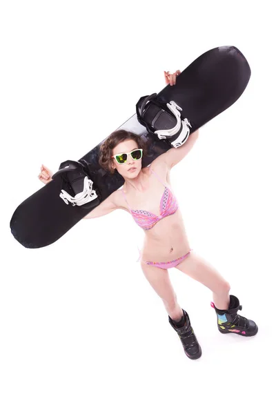 Ganska sexig kvinna i bikini med snowboard — Stockfoto