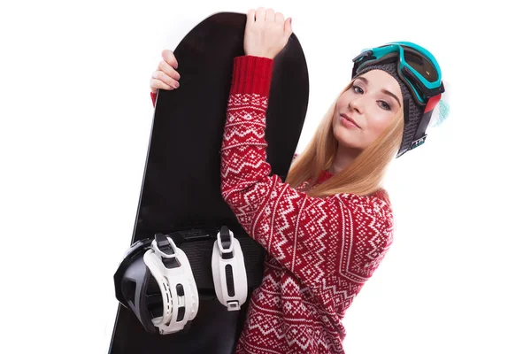 Femme en pull rouge avec snowboard — Photo